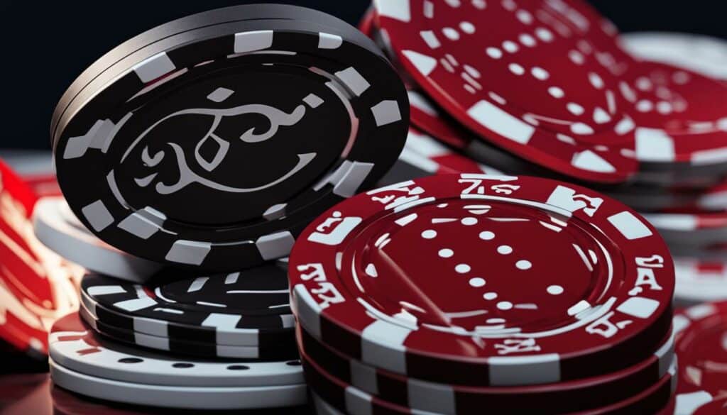 Casino chips stacked with different colors and values